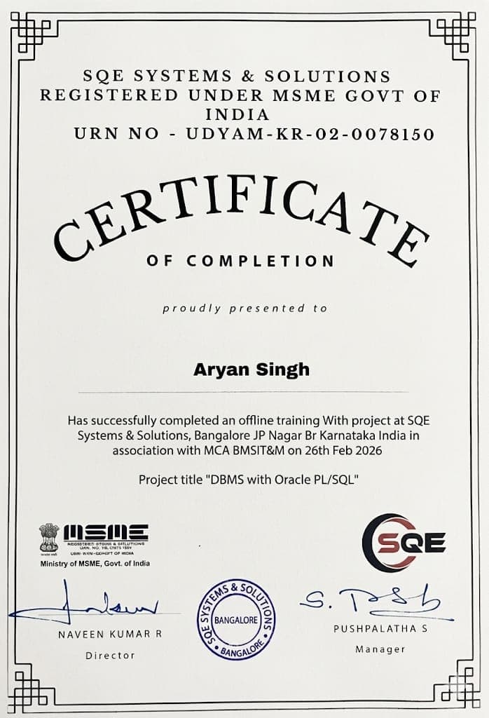 DBMS with Oracle PL/SQL certificate